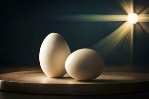 dois ovos em uma de madeira mesa com uma luz brilhando em eles. gerado por IA foto