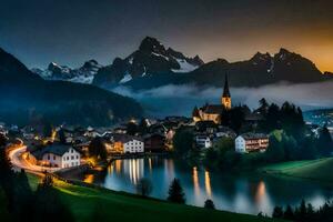 uma Cidade e lago dentro a montanhas às crepúsculo. gerado por IA foto