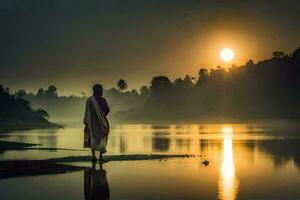 uma homem é caminhando ao longo a rio às pôr do sol. gerado por IA foto