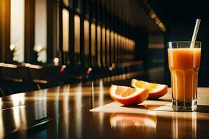 uma vidro do laranja suco com uma Palha em a mesa. gerado por IA foto