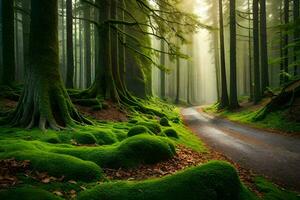 uma caminho através uma verde floresta com musgoso árvores gerado por IA foto