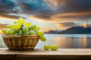 uvas dentro uma cesta em uma de madeira mesa com montanhas dentro a fundo. gerado por IA foto