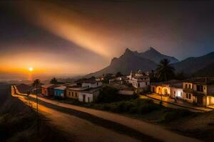 uma Vila às pôr do sol dentro a montanhas. gerado por IA foto