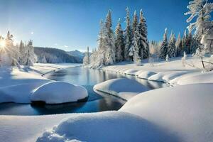 foto papel de parede a céu, neve, árvores, rio, sol, rio, água, neve,. gerado por IA