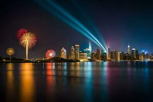 a Novo Iorque Horizonte às noite com fogos de artifício. gerado por IA foto