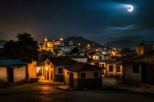 uma cheio lua brilha sobre uma Vila às noite. gerado por IA foto