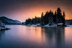 uma lago dentro a inverno com árvores e uma cabine. gerado por IA foto