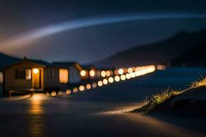 uma linha do casas em a costa do uma lago às noite. gerado por IA foto