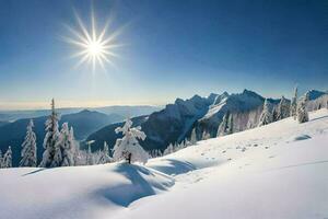 neve coberto montanhas e árvores debaixo uma brilhante Sol. gerado por IA foto