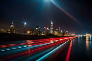 uma grandes exposição fotografia do uma cidade Horizonte às noite. gerado por IA foto