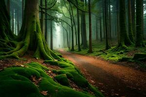 uma caminho através uma floresta com musgoso árvores gerado por IA foto