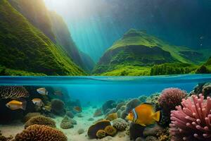 uma lindo embaixo da agua cena com coral recifes e peixe. gerado por IA foto