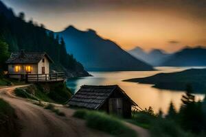 uma cabine senta em a lado do uma montanha negligenciar uma lago. gerado por IA foto