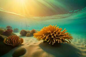 a embaixo da agua cena com coral e mar anêmonas. gerado por IA foto