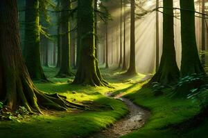 uma caminho através uma floresta com árvores e grama. gerado por IA foto