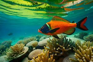 a laranja e Preto peixe natação sobre coral recifes. gerado por IA foto