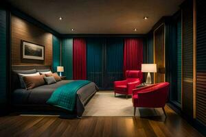uma quarto com uma vermelho cadeira e uma azul cama. gerado por IA foto