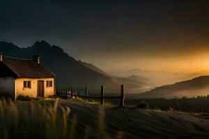 uma pequeno casa dentro a montanhas às pôr do sol. gerado por IA foto