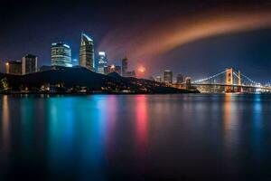 a cidade Horizonte às noite com uma arco Iris sobre a água. gerado por IA foto