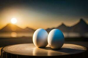 dois ovos sentar em uma mesa dentro frente do uma pôr do sol. gerado por IA foto