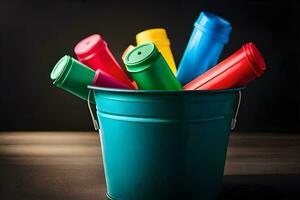 colorida plástico tubos dentro uma balde. gerado por IA foto