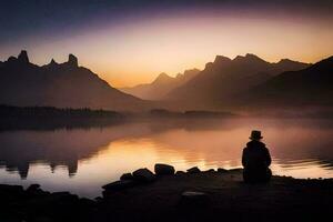 uma homem sentado em a costa do uma lago às nascer do sol. gerado por IA foto