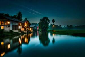 uma casa em a rio às noite. gerado por IA foto