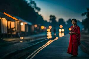 uma mulher dentro uma vermelho sari carrinhos em a rua às noite. gerado por IA foto