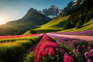 uma lindo campo do flores e montanhas. gerado por IA foto