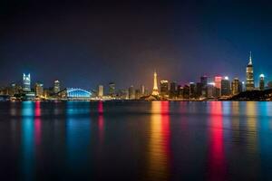 a cidade luzes do Xangai às noite. gerado por IA foto