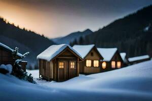 uma pequeno de madeira casa dentro a neve. gerado por IA foto