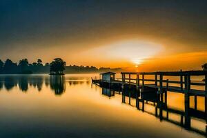 uma nascer do sol sobre uma lago com uma doca e uma barco. gerado por IA foto