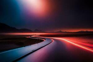 uma grandes exposição fotografia do uma estrada às noite. gerado por IA foto