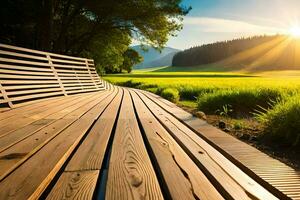 uma de madeira Banco senta em uma gramíneo campo com a Sol brilhando. gerado por IA foto