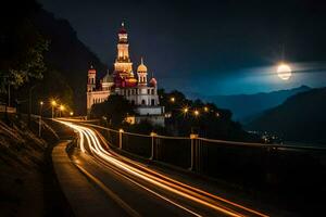 uma castelo aceso acima às noite com uma cheio lua. gerado por IA foto