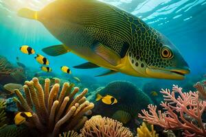 a embaixo da agua cena com uma peixe natação sobre coral recifes. gerado por IA foto