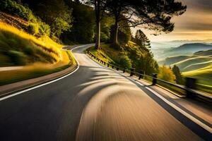 uma estrada com uma carro dirigindo baixa isto. gerado por IA foto