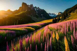 a Sol sobe sobre a montanhas e a flores flor dentro a primeiro plano. gerado por IA foto