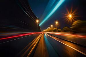 uma embaçado imagem do uma carro dirigindo em uma rodovia às noite. gerado por IA foto