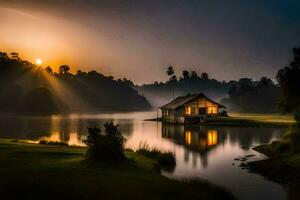 a casa em a lago. gerado por IA foto