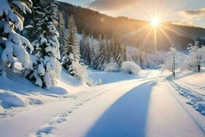 inverno panorama com neve coberto árvores e Sol brilhando. gerado por IA foto