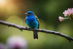 uma azul pássaro sentado em uma ramo com Rosa flores gerado por IA foto