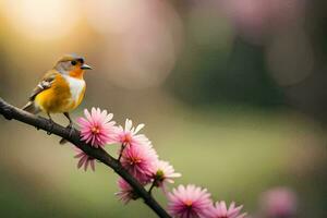 uma pássaro senta em uma ramo com Rosa flores gerado por IA foto