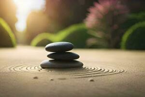 uma pilha do pedras dentro uma zen jardim. gerado por IA foto