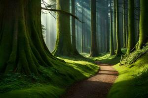 uma caminho através uma floresta com alta árvores gerado por IA foto