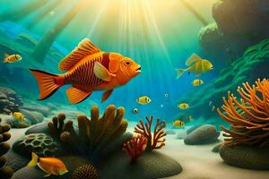 a embaixo da agua cena com peixe e coral recifes. gerado por IA foto