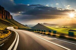 uma estrada dentro a montanhas com a Sol contexto. gerado por IA foto