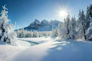 foto papel de parede a céu, neve, árvores, montanhas, sol, árvores, árvores, inverno,. gerado por IA