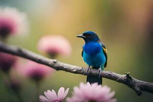 uma azul pássaro senta em uma ramo com Rosa flores gerado por IA foto