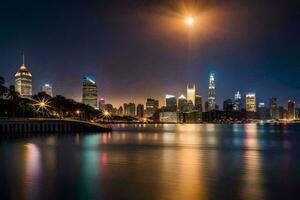 a cidade Horizonte às noite com a lua brilhando brilhantemente. gerado por IA foto